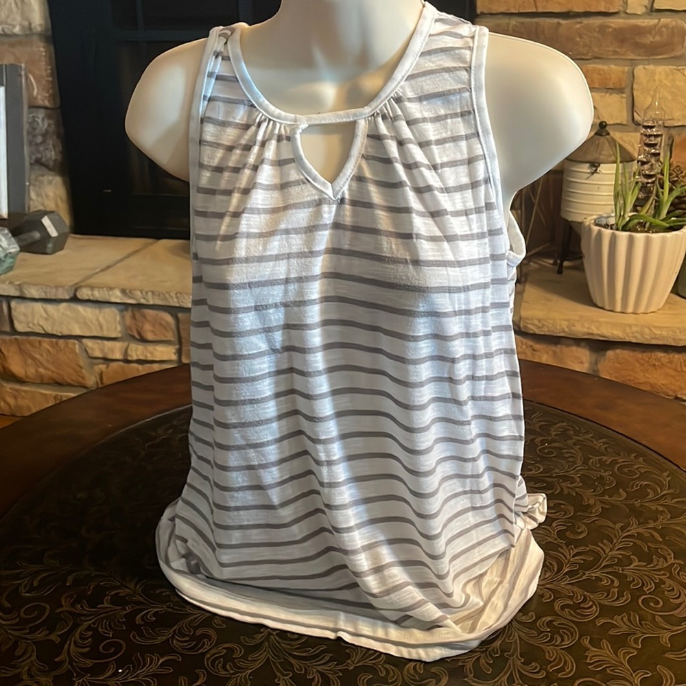 Gray/white striped sleeveless tank